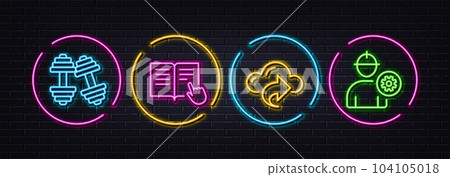 Read instruction, Dumbbells and Cloud share minimal line icons. Neon laser 3d lights. Engineer icons. For web, application, printing. Opened book, Workout, Data sharing. Worker with cogwheel. Vector 104105018