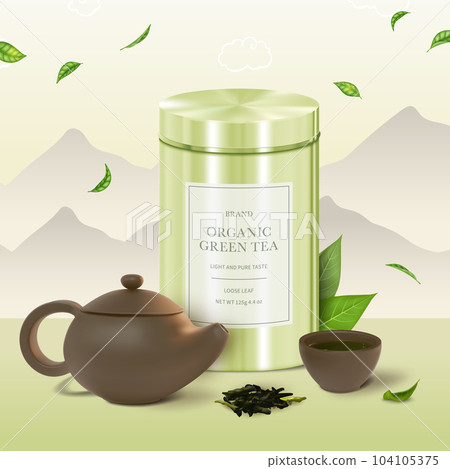 Realistic Detailed 3d Green Tea Finest Loose Leaf Concept Background with Metal Tin Mockup, Kettle and Cup. Vector illustration Realistic Detailed 3d Green Tea Finest Loose Leaf Concept Background with Metal Tin Mockup, Kettle and Cup. Vector illustration 104105375