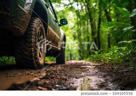 Four wheel drive SUV is driving on muddy road in jungle. Generative AI 104105556