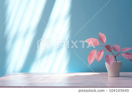 Table with plant in vase against blue wall background. Generative AI 104105640