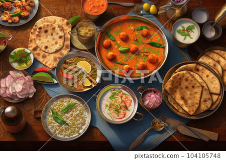 Traditional Indian dishes, above view. Generative AI 104105748