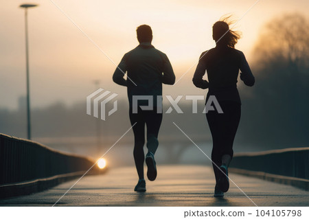 Couple running together. Male and female athlete jogging. Generative AI 104105798
