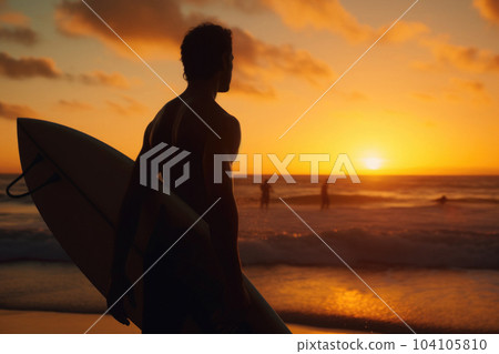Man with surfboard on sea beach at sunset. Generative AI Man with surfboard on sea beach at sunset. Generative AI 104105810