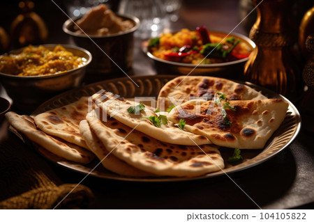 Naan bread in plate. Flatbread with spices. Indian cuisine. Generative AI 104105822