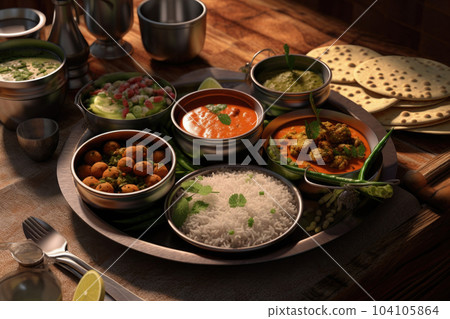 Traditional Indian dishes, above view. Generative AI Traditional Indian dishes, above view. Generative AI 104105864