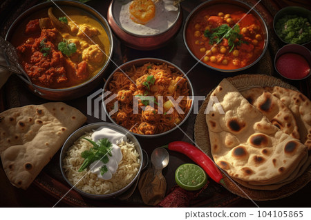 Traditional Indian dishes, above view. Generative AI Traditional Indian dishes, above view. Generative AI 104105865