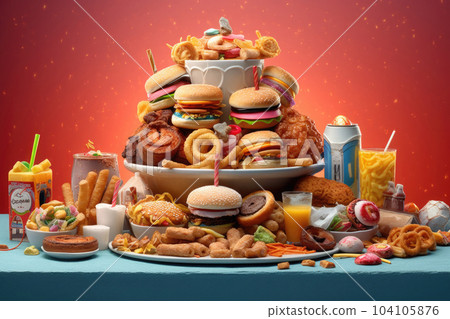 A lot of junk food on table. Unhealthy nutrition. Generative AI A lot of junk food on table. Unhealthy nutrition. Generative AI 104105876