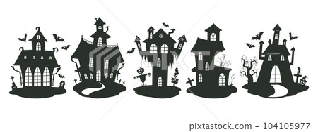 Haunted houses silhouettes. Cartoon Halloween spooky ghost house, creepy monsters haunted houses. House with ghosts flat vector illustration set Haunted houses silhouettes. Cartoon Halloween spooky ghost house, creepy monsters haunted houses. House with ghosts flat vector illustration set 104105977