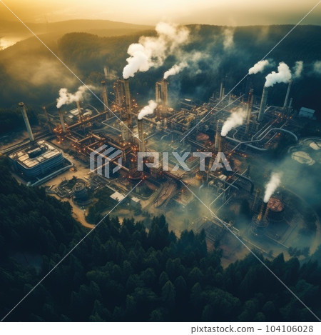 Close up industrial view, oil refining equipment, oil and gas processing area, pipeline plant and oil tank area in forest 104106028