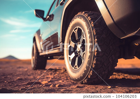 Four wheel drive SUV is driving in desert. Generative AI 104106203