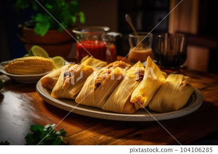 Mexican corn and chicken tamales on wooden table. AI generative. Mexican corn and chicken tamales on wooden table. AI generative. 104106285