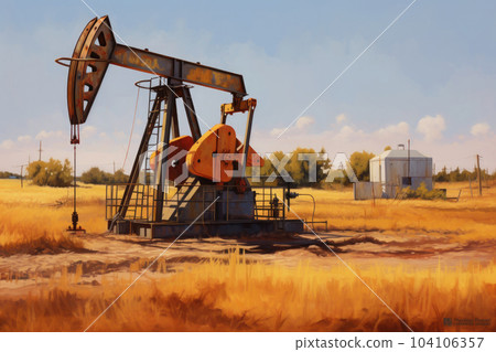 Silhouette of oil pumps at sunset. Energy crisis. Generative AI Silhouette of oil pumps at sunset. Energy crisis. Generative AI 104106357