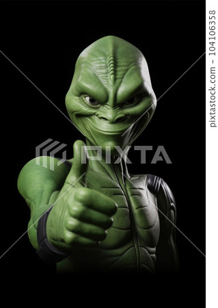 Alien humanoid shows thumb up gesture on dark background. Generative AI 104106358