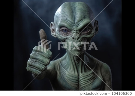 Alien humanoid shows thumb up gesture on dark background. Generative AI Alien humanoid shows thumb up gesture on dark background. Generative AI 104106360