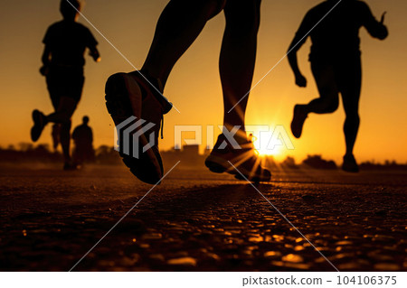 Runners silhouettes training at sunset. Sport activities outdoors. Generative AI 104106375