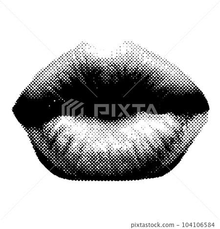 Woman lips in kiss shape in black halftone effect made from small dots. Vector illustration. Woman lips in kiss shape in black halftone effect made from small dots. Vector illustration. 104106584