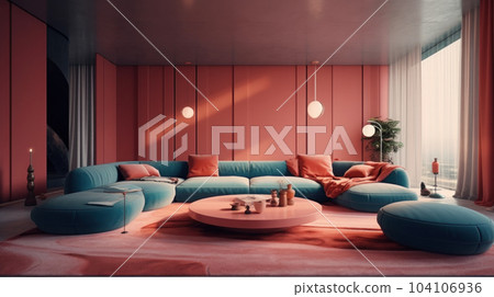 modern living room with red pastel sofa modern living room with red pastel sofa 104106936