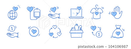 Charity hand, money, care heart doodle line icon. Charity donate, support, blood donor concept icon set. Volunteer heart, donate food hand drawn doodle sketch style line. Vector 104106987