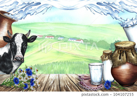 Cow and dairy products in ceramic and glassware. Against the backdrop of a rural landscape. Milk splash frame. Watercolor hand drawn illustration. For dairy products, advertising, flyer, packaging. 104107255