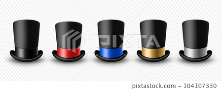 Vector 3d Realistic Black Top Hat Icon Set with Different Color Ribbon Closeup Isolated. Classic Retro Vintage Top Hat Collection, Vintage Gentlemans Mens Hats, Front View 104107330