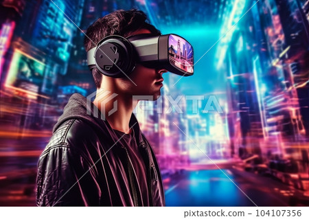 Modern man face in virtual reality glasses isolated on neon background AI 104107356