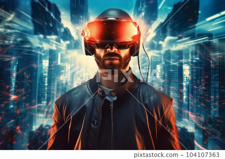 Modern man face in virtual reality glasses isolated on neon background AI 104107363