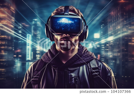 Modern man face in virtual reality glasses isolated on neon background AI 104107366