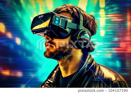 Modern man face in virtual reality glasses isolated on neon background AI 104107390