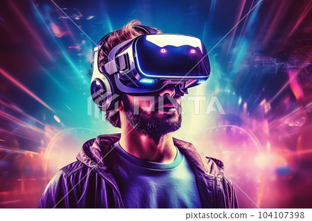 Modern man face in virtual reality glasses isolated on neon background AI 104107398