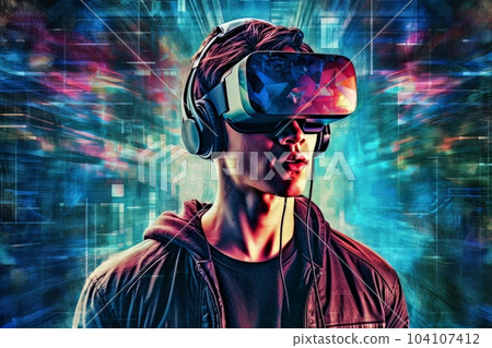 Modern man face in virtual reality glasses isolated on neon background AI Modern man face in virtual reality glasses isolated on neon background AI 104107412