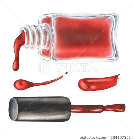 Watercolor illustration. Red nail polish is poured from a bottle, a lid with a brush and a smear of paint. Isolated on a white. For manicure masters, beauty salons, cosmetic stores 104107591