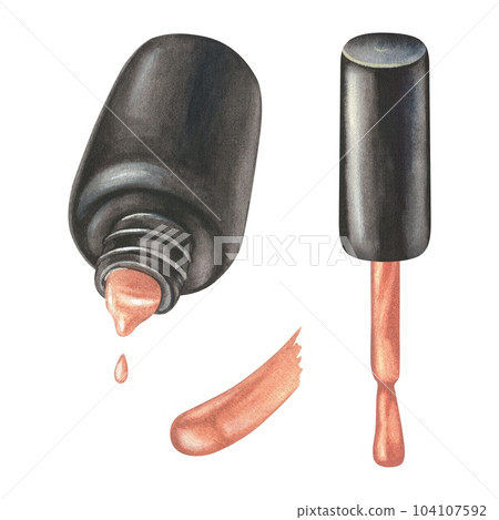 Watercolor illustration. A black bottle of nail polish pours and drips and cap separately. Isolated on a white background.For manicure masters, beauty salons, cosmetic stores cards, posters, stickers 104107592