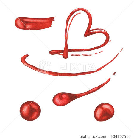 Watercolor illustration. A set of red paint stains of different shapes. Drop, line, heart splatter with nail polish. Isolated on white.For the design of stickers, cards for manicure and beauty salons 104107593