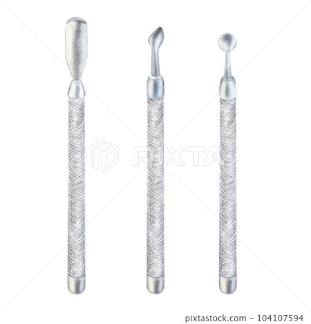 Watercolor illustration. A set of tools for manicure. Hand-drawn and isolated on white background object. Sticks for cuticle care. For manicure masters, beauty salons, cosmetic stores 104107594