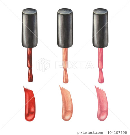 Watercolor illustration. A set of nail polish brushes and brush strokes. Swatches of different colors. Isolated on a white. For manicure masters, beauty salons to create stickers, posters, websites 104107596