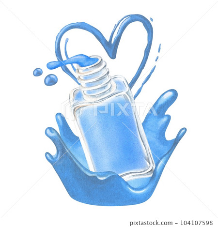 Watercolor illustration. Blue nail polish in paint splatter. Isolated on a white background. For manicure masters, beauty salons, cosmetic stores to create stickers, posters, logos, prints 104107598