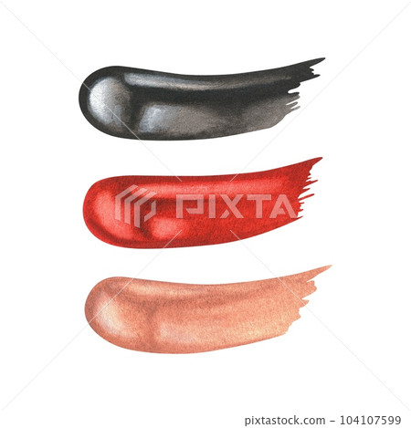 Watercolor illustration. A set of smears of nail polish. Red, beige and black swatch of cosmetics. Lip gloss, lipstick, liquid eye shadow. Isolated on a white background. Hand drawn paint stains 104107599