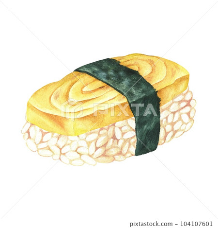 Sushi with egg tamago. Watercolor illustration. Omelette with rice delicious japanese food. Nigiri asian cuisine. Hand drawn clip art isolated on a white background. To restaurant menu design 104107601