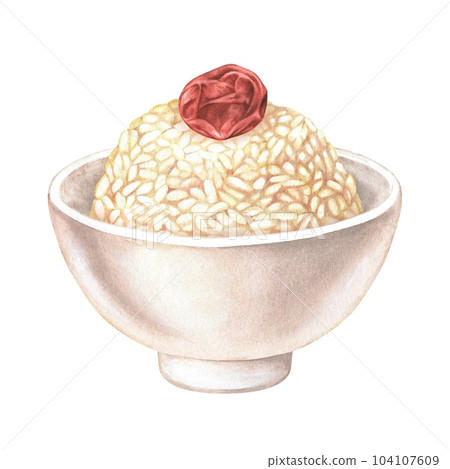 A pile of cooked rice with umeboshi. Watercolor illustration. The dish of Japanese cuisine. Carbohydrate food with pickled sour plum. Clip art isolated on a white background. To menu designs, recipes A pile of cooked rice with umeboshi. Watercolor illustration. The dish of Japanese cuisine. Carbohydrate food with pickled sour plum. Clip art isolated on a white background. To menu designs, recipes 104107609