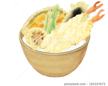 Shrimp tempura rice bowl realistic illustration Shrimp tempura rice bowl realistic illustration 104107673