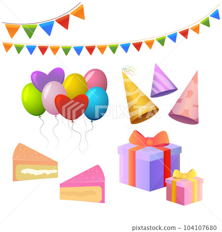 Set of birthday decorations and decorations. Balloons, flags, cake, birthday cap, presents. Isolated on white background. 104107680