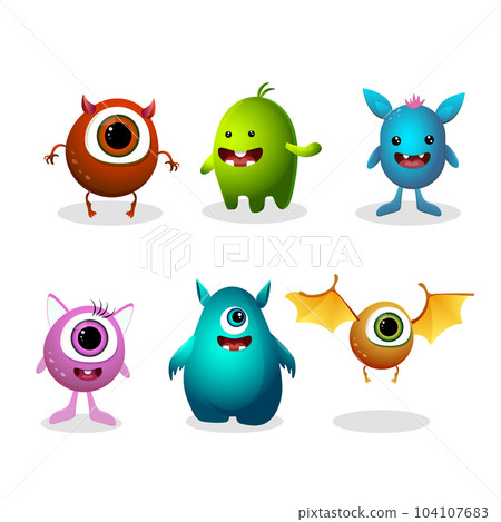 A set of cute colored monsters on a white isolated background of different colors A set of cute colored monsters on a white isolated background of different colors 104107683
