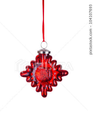 glass red rhombus star Christmas toy, decoration, red ribbon on white background with clipping path. glass toy for decoration of Christmas fir tree. close up glass red rhombus star Christmas toy, decoration, red ribbon on white background with clipping path. glass toy for decoration of Christmas fir tree. close up 104107693