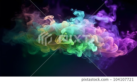 Paint water splash. Magic. violet green glowing sparkling particles fog floating 104107721
