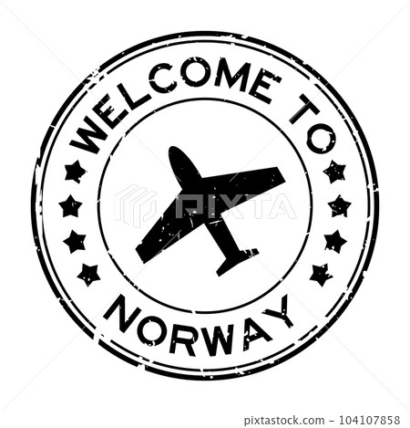 Grunge black welcome to norway word with plane icon round rubber seal stamp on white background 104107858