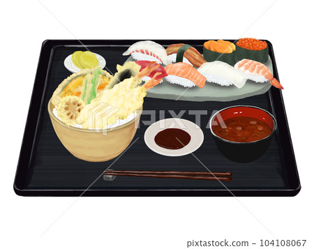 Tendon and sushi set menu realistic illustration 104108067