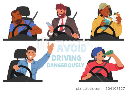 Set of Male Driver Characters in Danger Situations. Men Sleeping, Call by Mobile, Eating, Drink Aclocol, Yelling 104108127