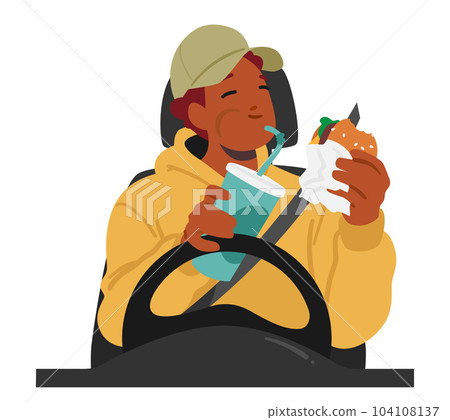 Dangerous Behavior of Man Character Multitasking By Eating While Driving, Posing A Risk To Himself And Others On Road 104108137