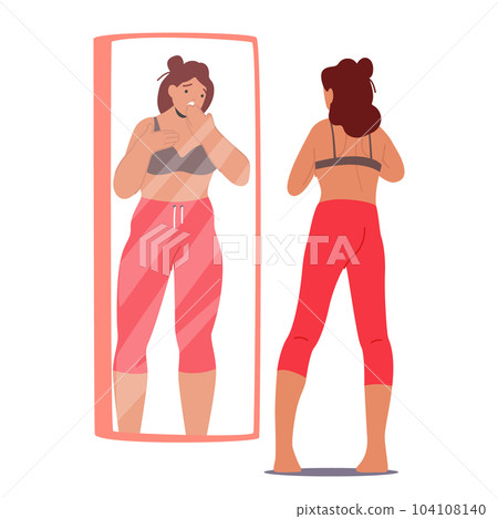 Woman Gazes At Herself In The Mirror, Perceiving Herself As Overweight Despite Her Slim Physique. Female with Dysmorphia 104108140