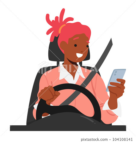 Dangerous Multitasking, Woman Risks Her Safety And Others' By Talking On Her Mobile Phone While Driving, Illustration Dangerous Multitasking, Woman Risks Her Safety And Others' By Talking On Her Mobile Phone While Driving, Illustration 104108141